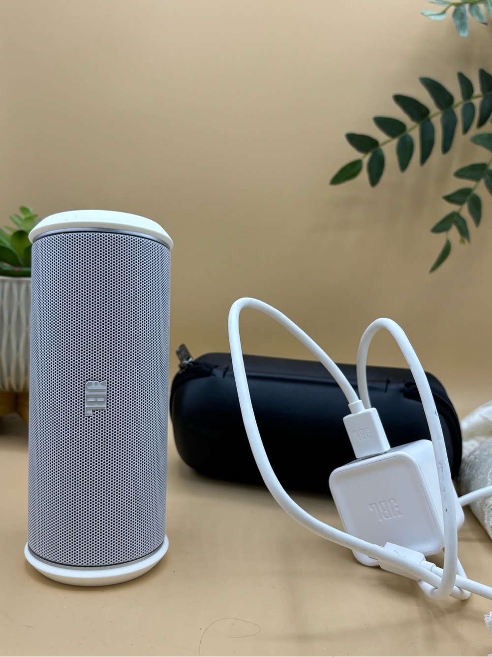 JBL White Portable Bluetooth Speaker with Charging Cable